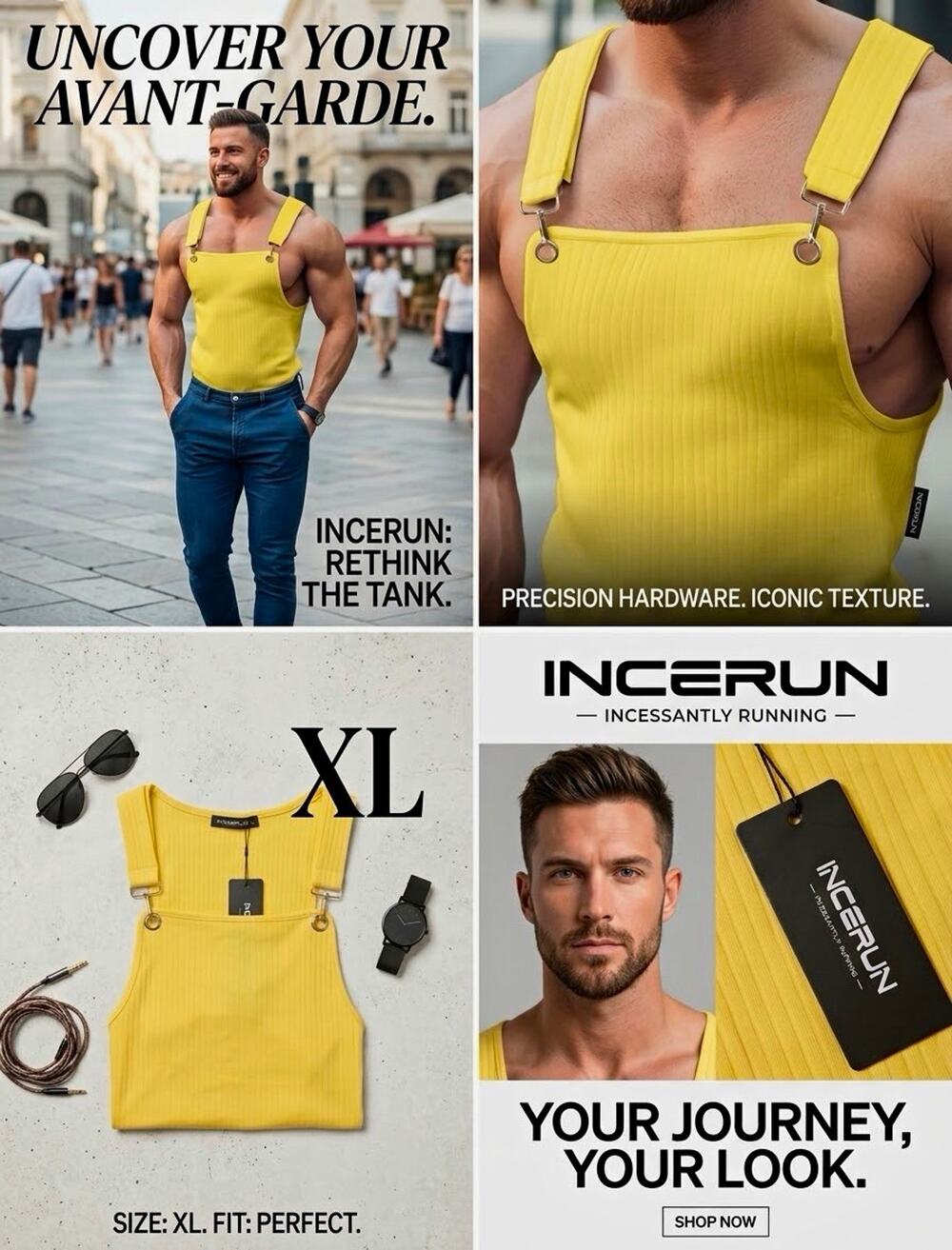INCERUN Men's XL Yellow Ribbed Strap Ring Scoop Neck Sleeveless Tank Top